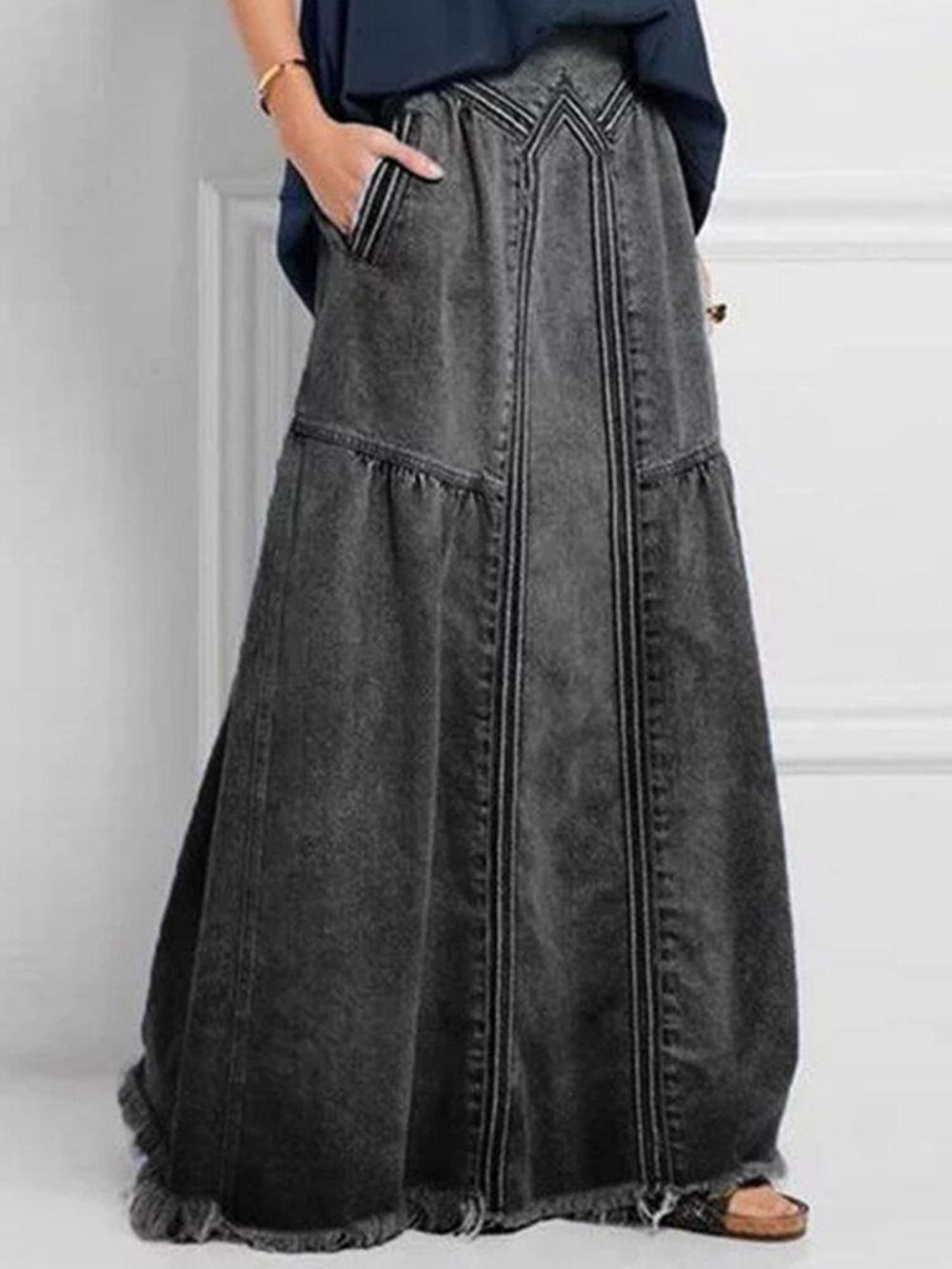 Dames Verontruste Effen Kleur Elastische Taille Losse Denim Rok Met Zak