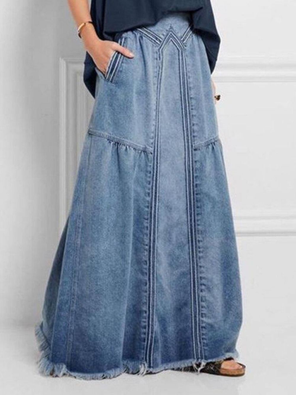 Dames Verontruste Effen Kleur Elastische Taille Losse Denim Rok Met Zak