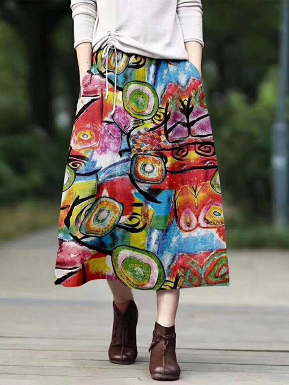 Vintage Etnische Stijl Print Katoen Elastische Taille Casual Losse Maxi Rokken Met Zakken