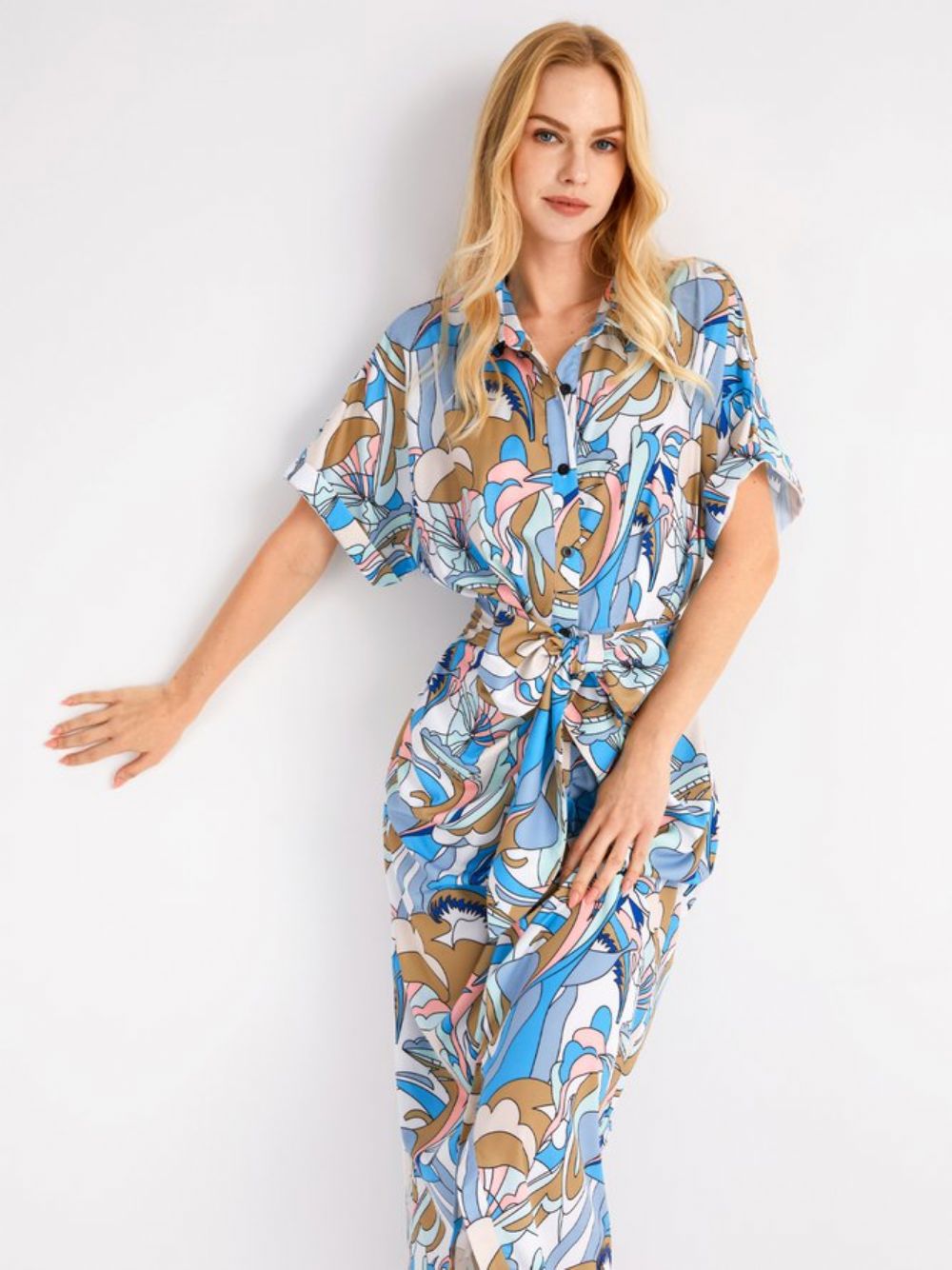 Slim-Fit Jurk Met Korte Mouwen Vakantieprint