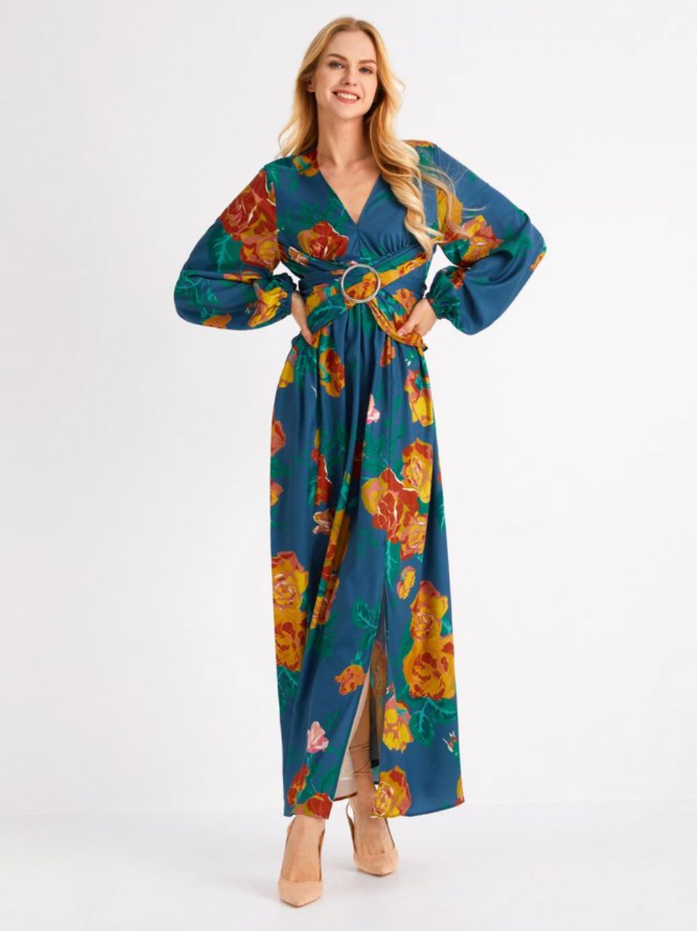 Vakantie Lange Mouwen Bloemen V-Hals Regular Fit Maxi-Jurk