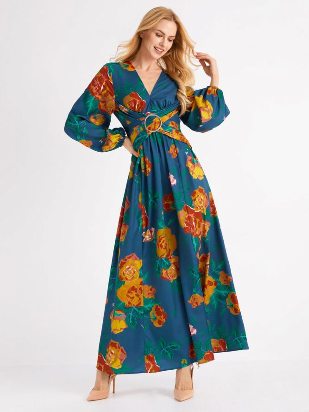 Vakantie Lange Mouwen Bloemen V-Hals Regular Fit Maxi-Jurk