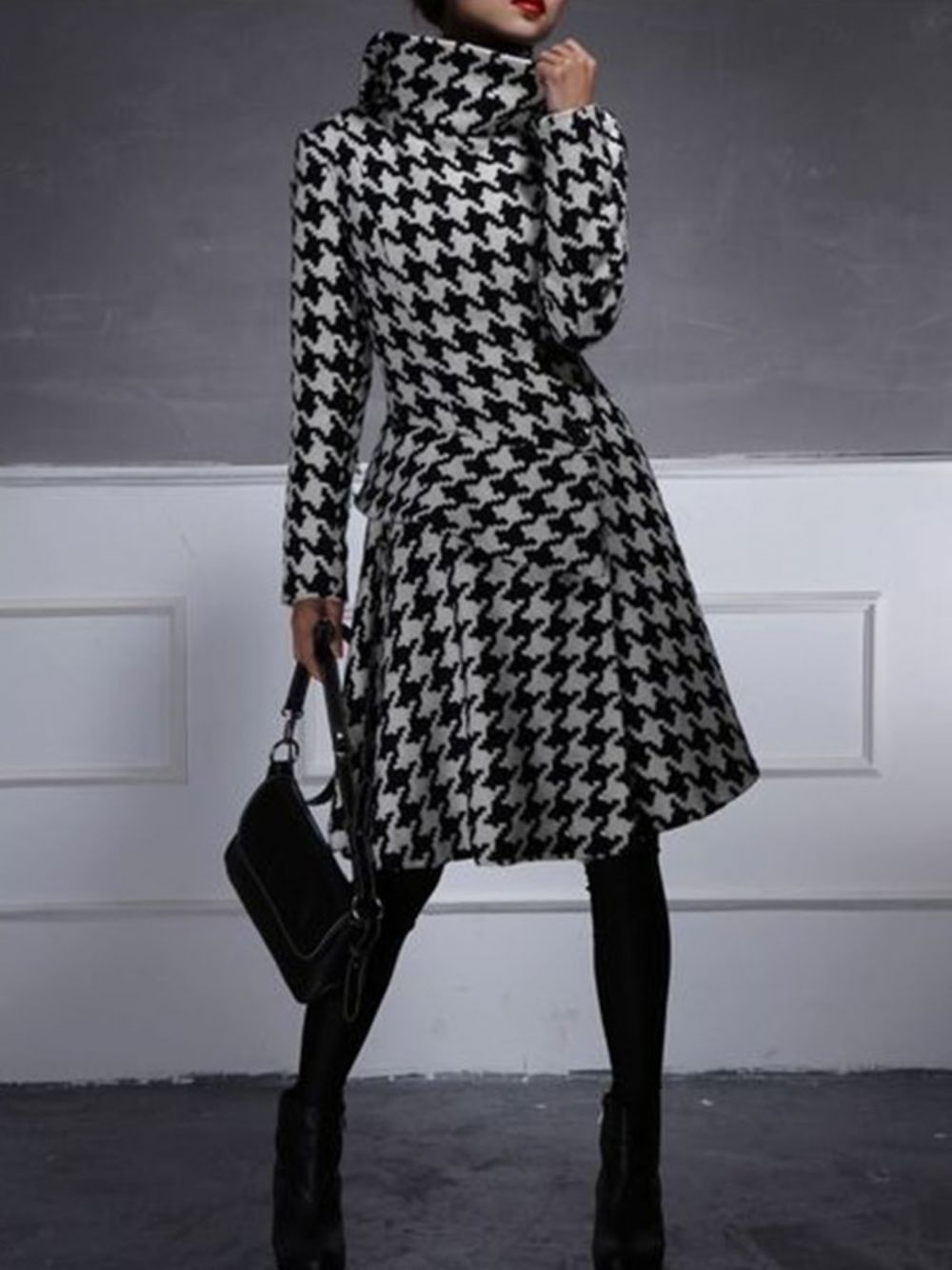 Coltrui Houndstooth Midi-Jurk Met Lange Mouwen