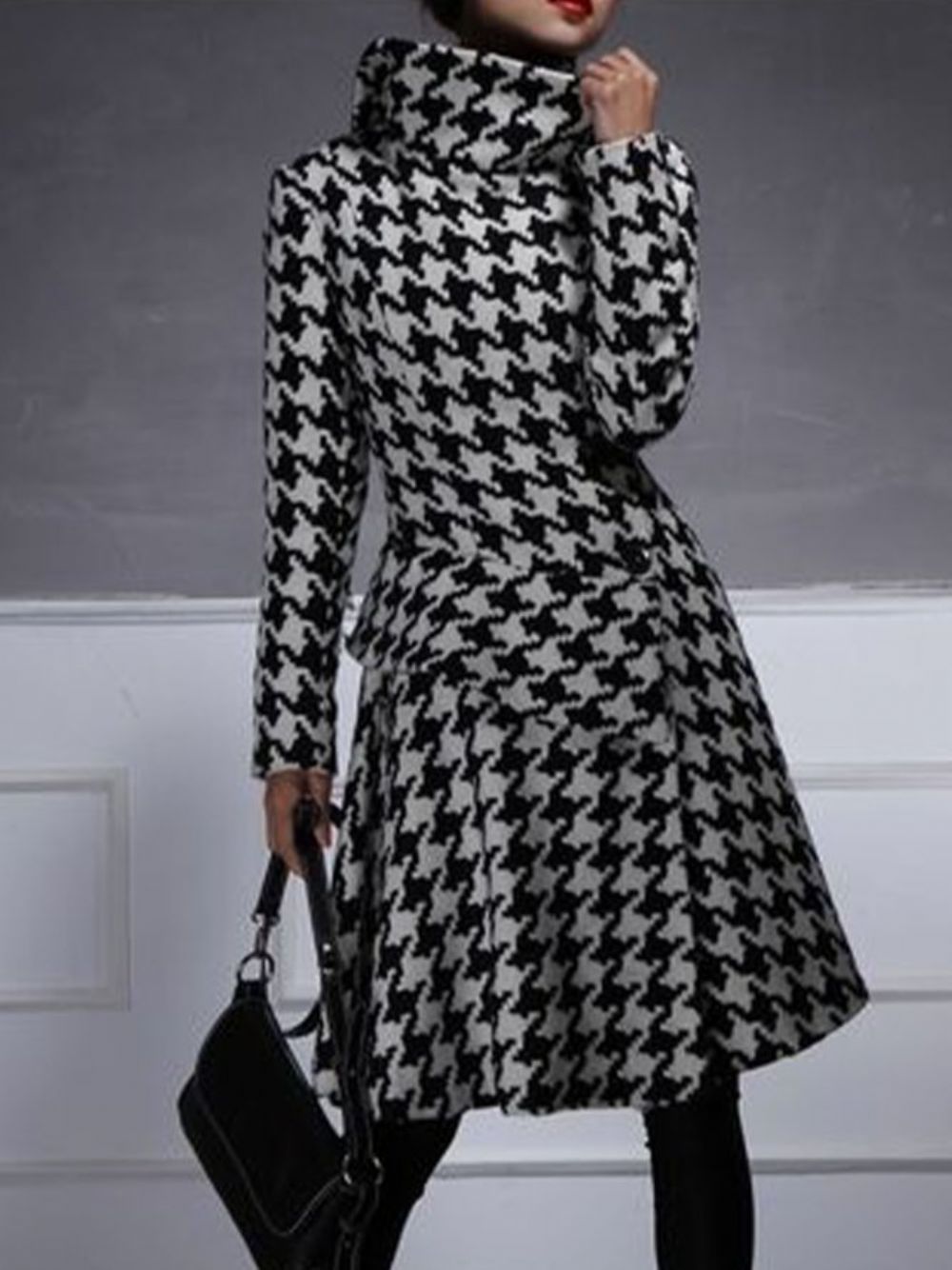 Coltrui Houndstooth Midi-Jurk Met Lange Mouwen