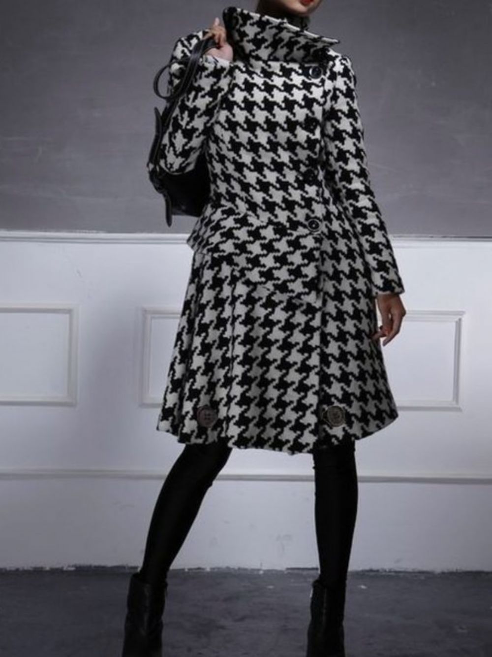 Coltrui Houndstooth Midi-Jurk Met Lange Mouwen