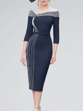 Elegante Asymmetrische Strakke Gestreepte Midi-Jurk