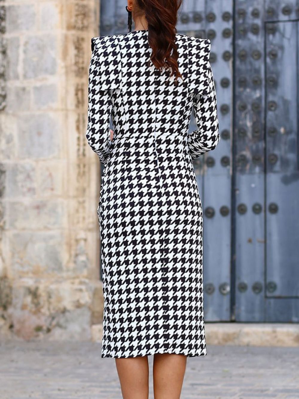 Elegante Jurk Met V-Hals Regular Fit Houndstooth