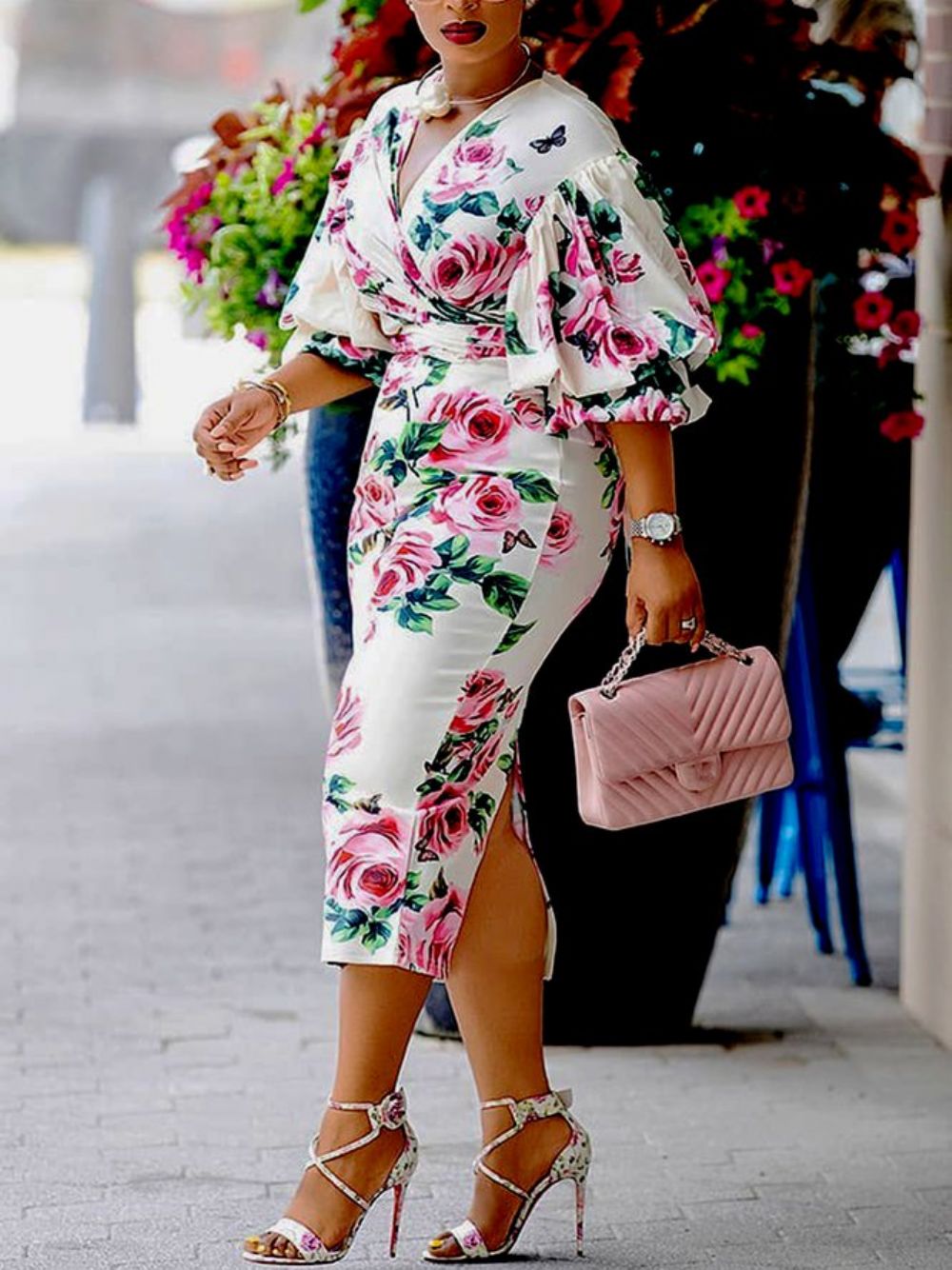 Elegante Midi-Jurk Met Lantaarnmouwen Regular Fit Bloemen