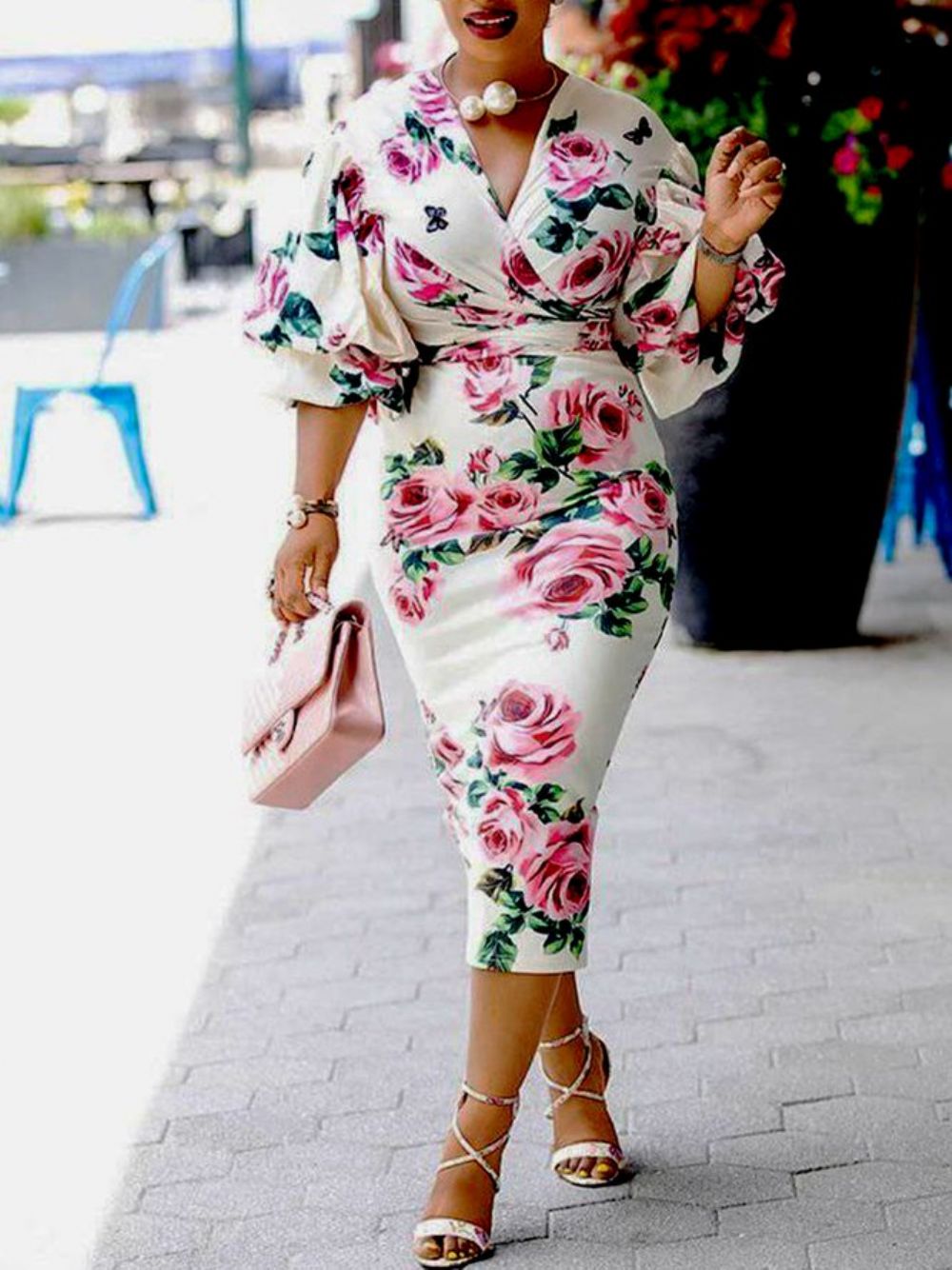 Elegante Midi-Jurk Met Lantaarnmouwen Regular Fit Bloemen