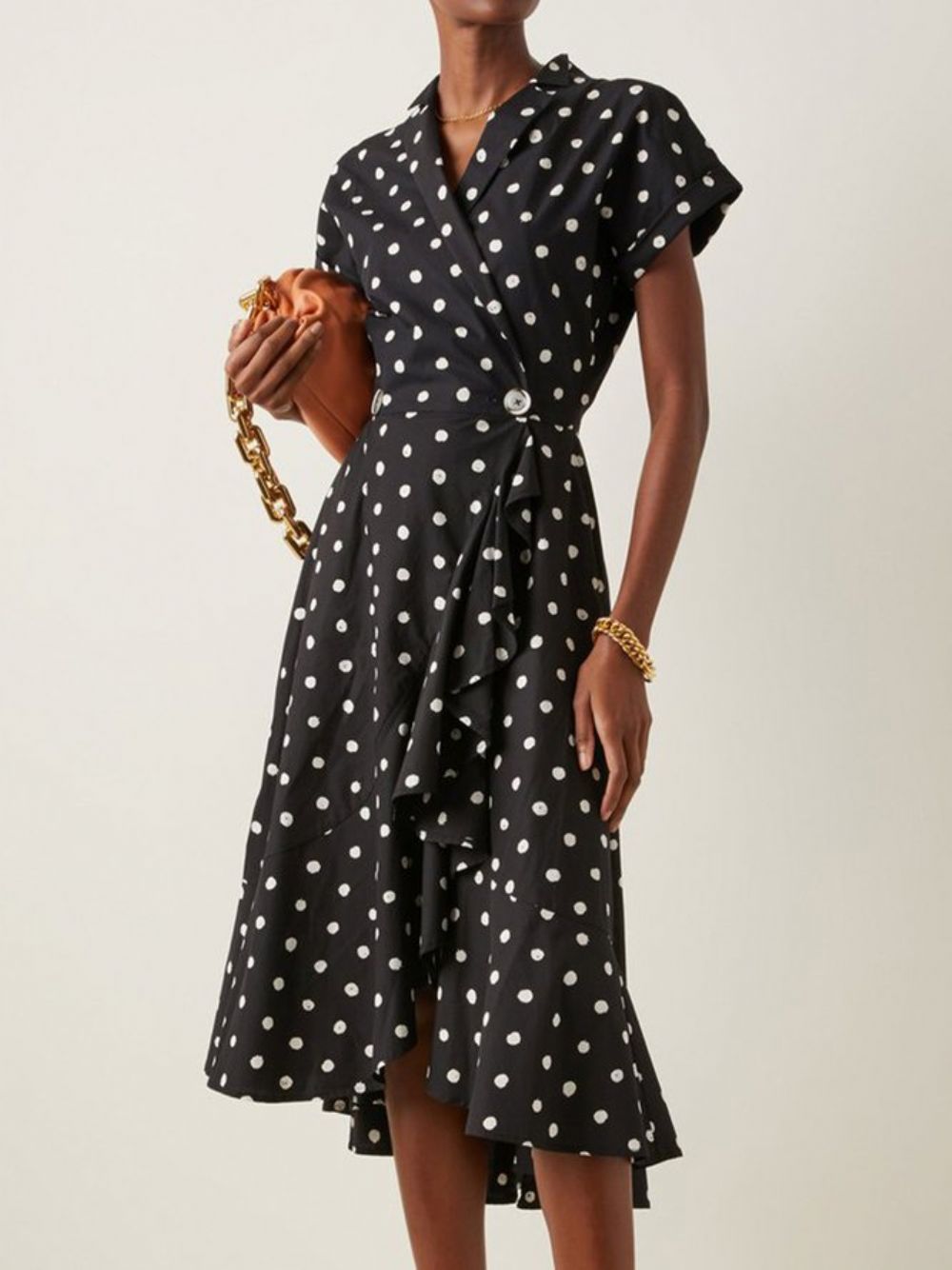 Elegante Polka Dots Revers Date Jurk Met Korte Mouwen