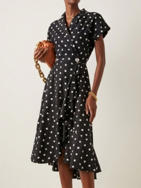 Elegante Polka Dots Revers Date Jurk Met Korte Mouwen