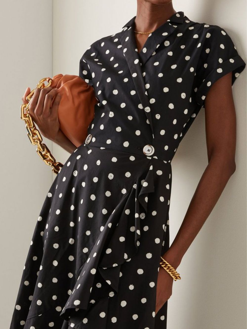 Elegante Polka Dots Revers Date Jurk Met Korte Mouwen