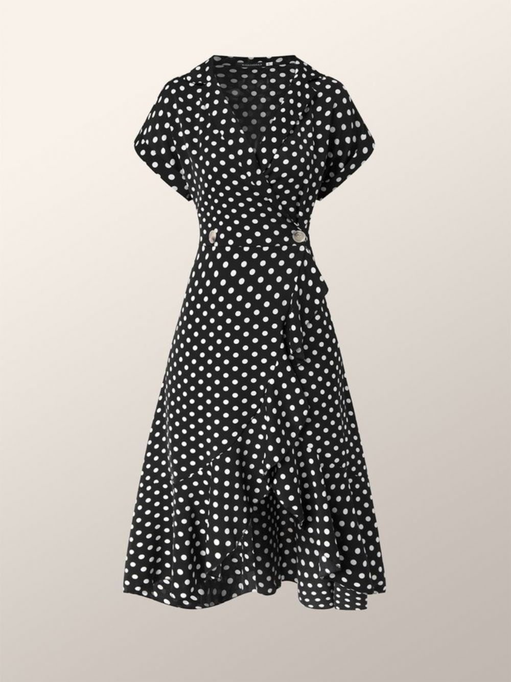 Elegante Polka Dots Revers Date Jurk Met Korte Mouwen