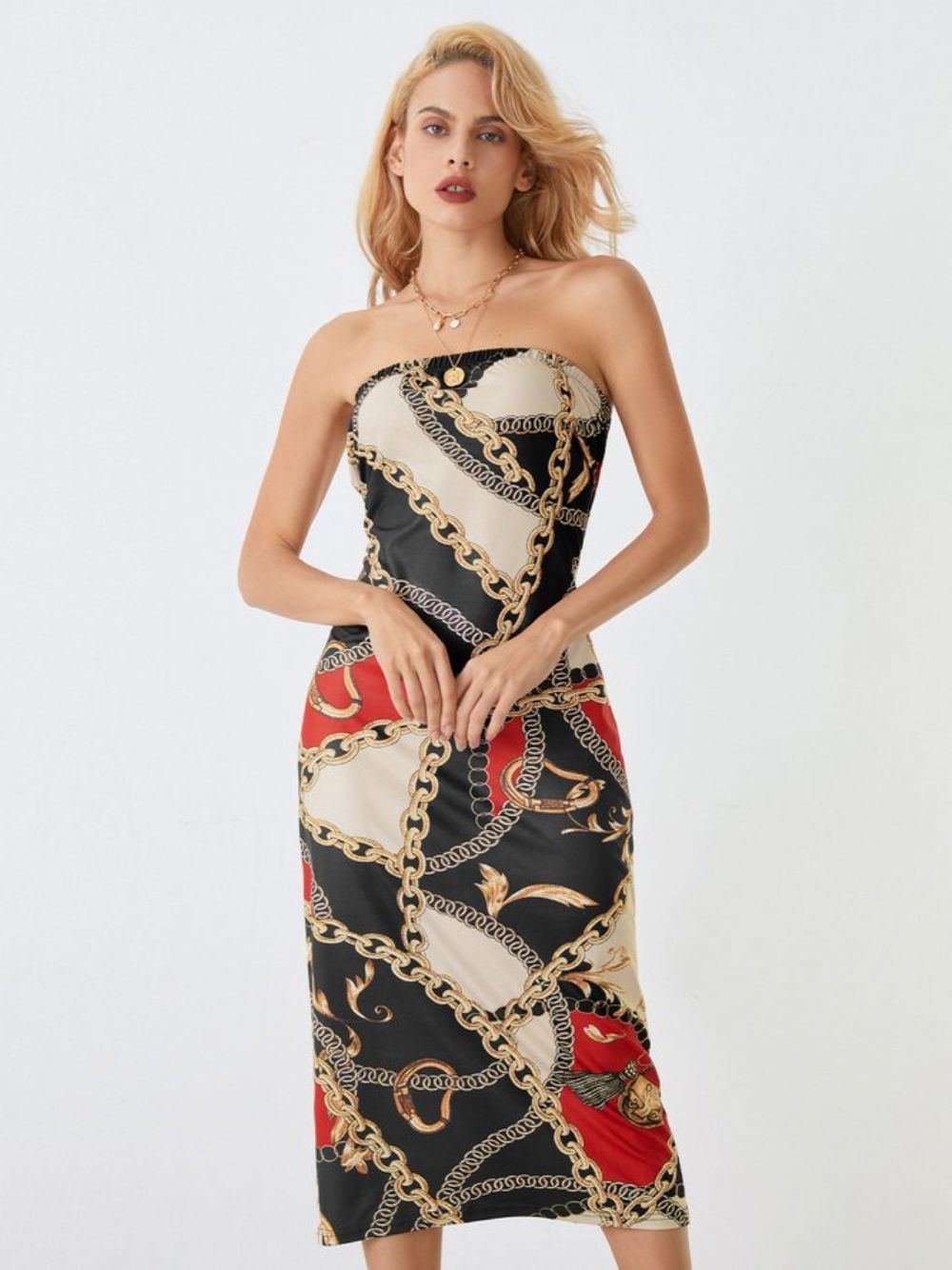 Strakke Abstracte Strapless Midi-Jurk