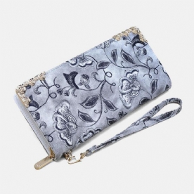 Dames Pu Lederen Bloemen Borduurpatroon Clutch Portemonnee Grote Capaciteit Kaarthouder Portemonnee