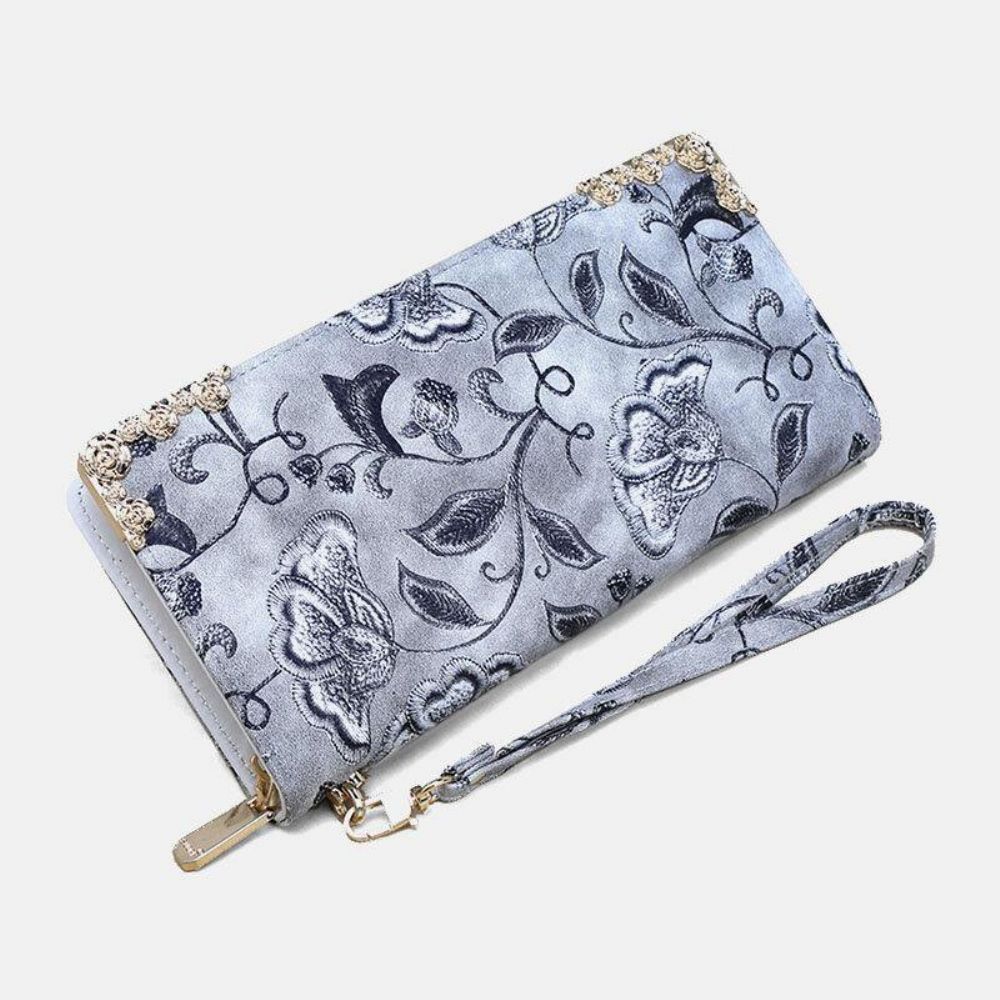 Dames Pu Lederen Bloemen Borduurpatroon Clutch Portemonnee Grote Capaciteit Kaarthouder Portemonnee