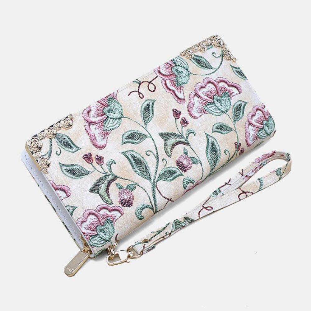 Dames Pu Lederen Bloemen Borduurpatroon Clutch Portemonnee Grote Capaciteit Kaarthouder Portemonnee