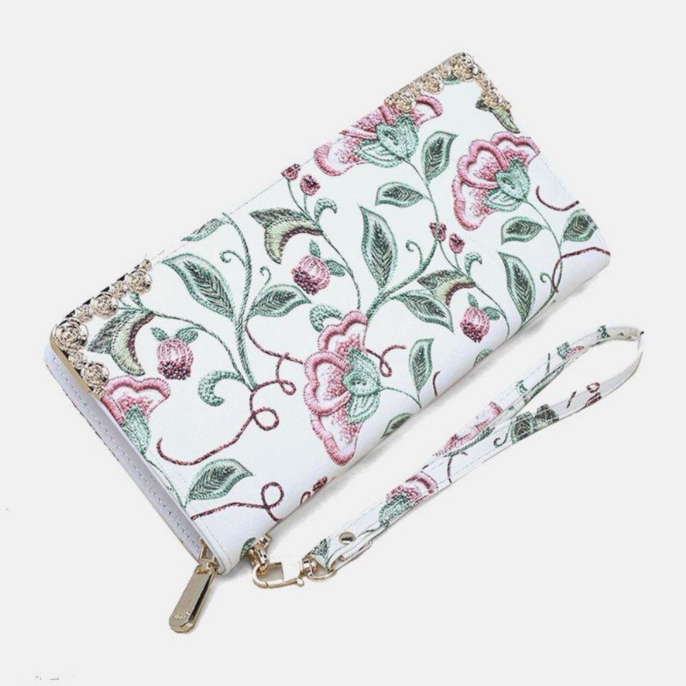 Dames Pu Lederen Bloemen Borduurpatroon Clutch Portemonnee Grote Capaciteit Kaarthouder Portemonnee