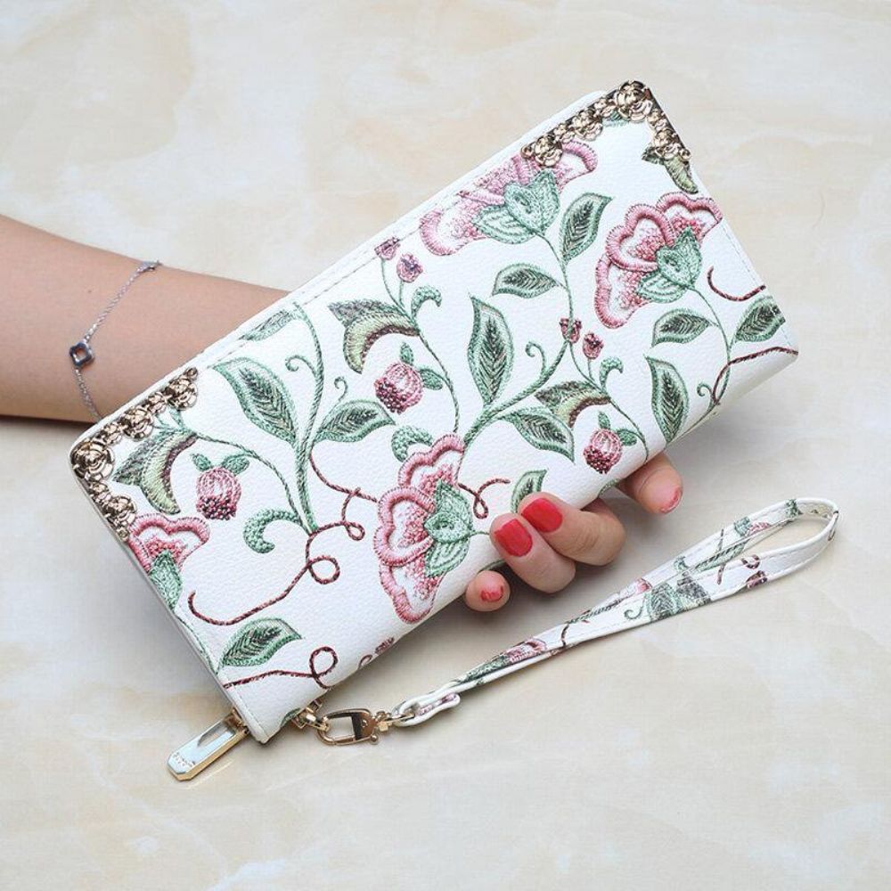 Dames Pu Lederen Bloemen Borduurpatroon Clutch Portemonnee Grote Capaciteit Kaarthouder Portemonnee