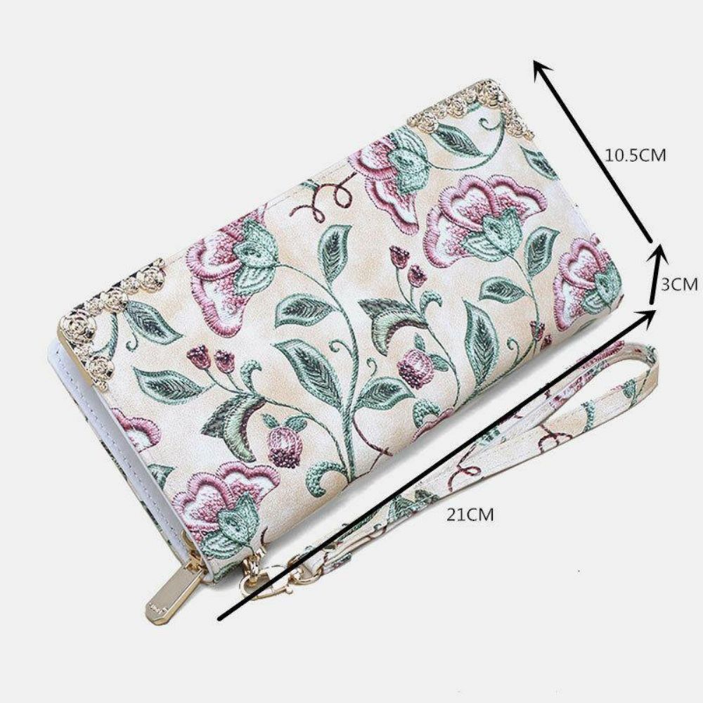 Dames Pu Lederen Bloemen Borduurpatroon Clutch Portemonnee Grote Capaciteit Kaarthouder Portemonnee