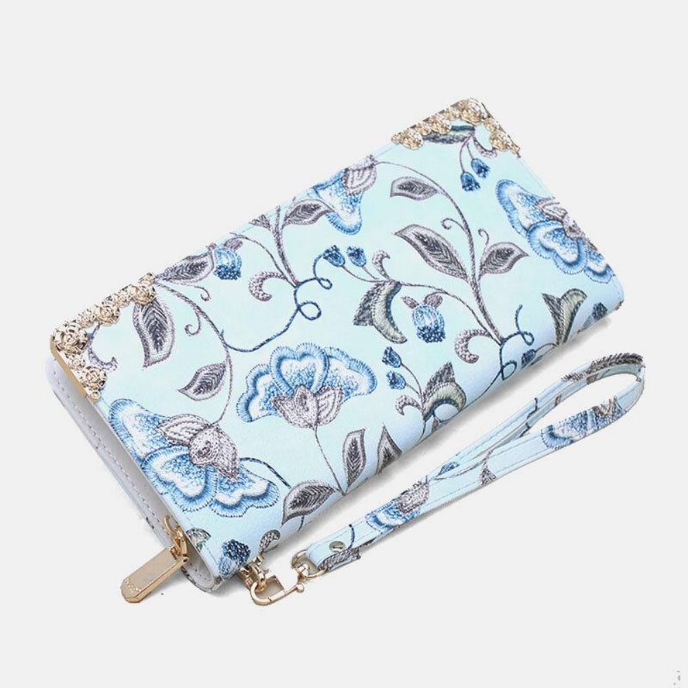 Dames Pu Lederen Bloemen Borduurpatroon Clutch Portemonnee Grote Capaciteit Kaarthouder Portemonnee