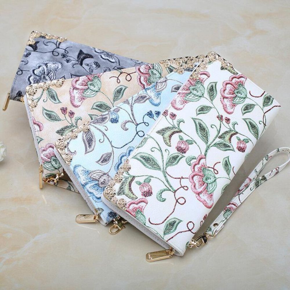 Dames Pu Lederen Bloemen Borduurpatroon Clutch Portemonnee Grote Capaciteit Kaarthouder Portemonnee