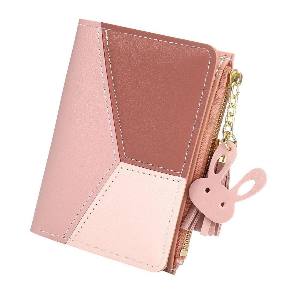 Kwasten Pu-Leer Multi-Slots Korte Geldzak Slanke Kaarthouder Portemonnee Portemonnee Dames Dames Met Hartvormige Metalen Kwastjes Hanger Gift Bifold Clutch