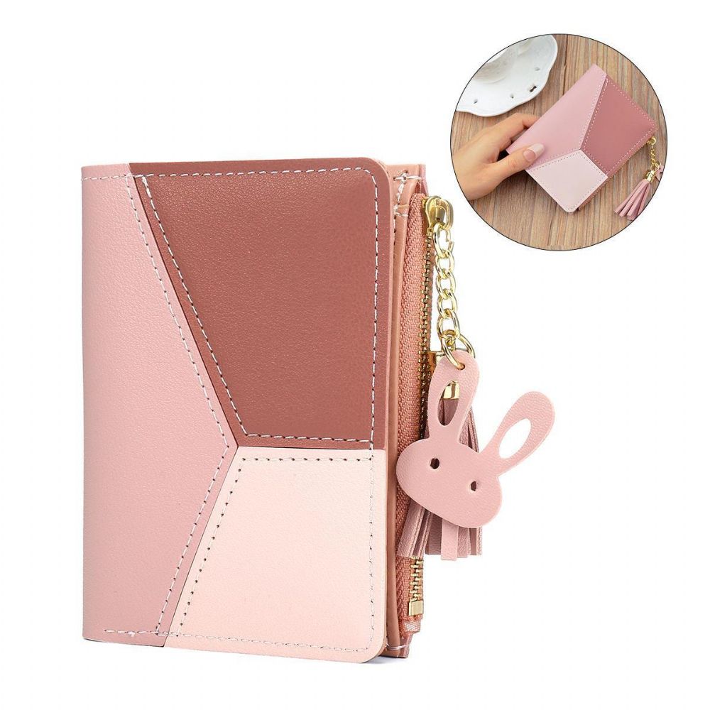 Kwasten Pu-Leer Multi-Slots Korte Geldzak Slanke Kaarthouder Portemonnee Portemonnee Dames Dames Met Hartvormige Metalen Kwastjes Hanger Gift Bifold Clutch