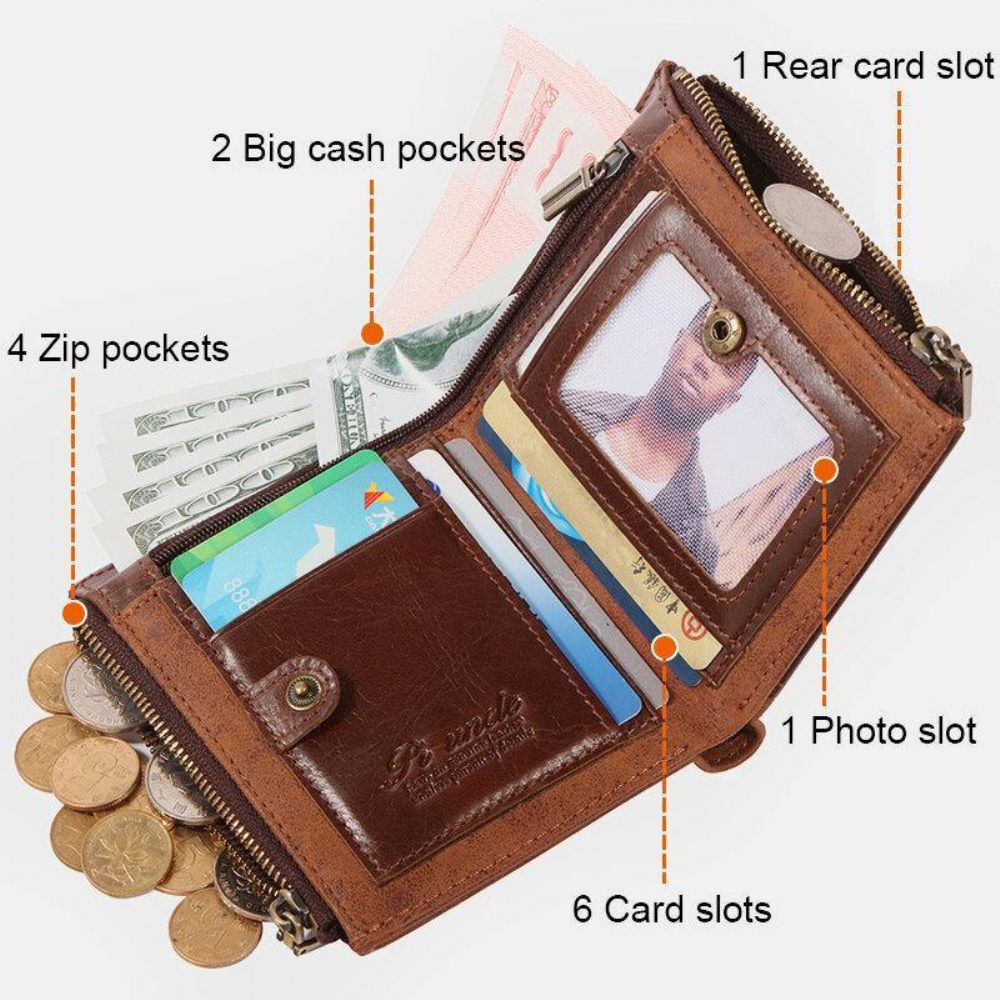 Mannen Bifold Rfid Anti-Diefstal Lederen Portefeuilles Korte Grote Capaciteit Multi-Card Slot Kaarthouder Portemonnee Geld Clip