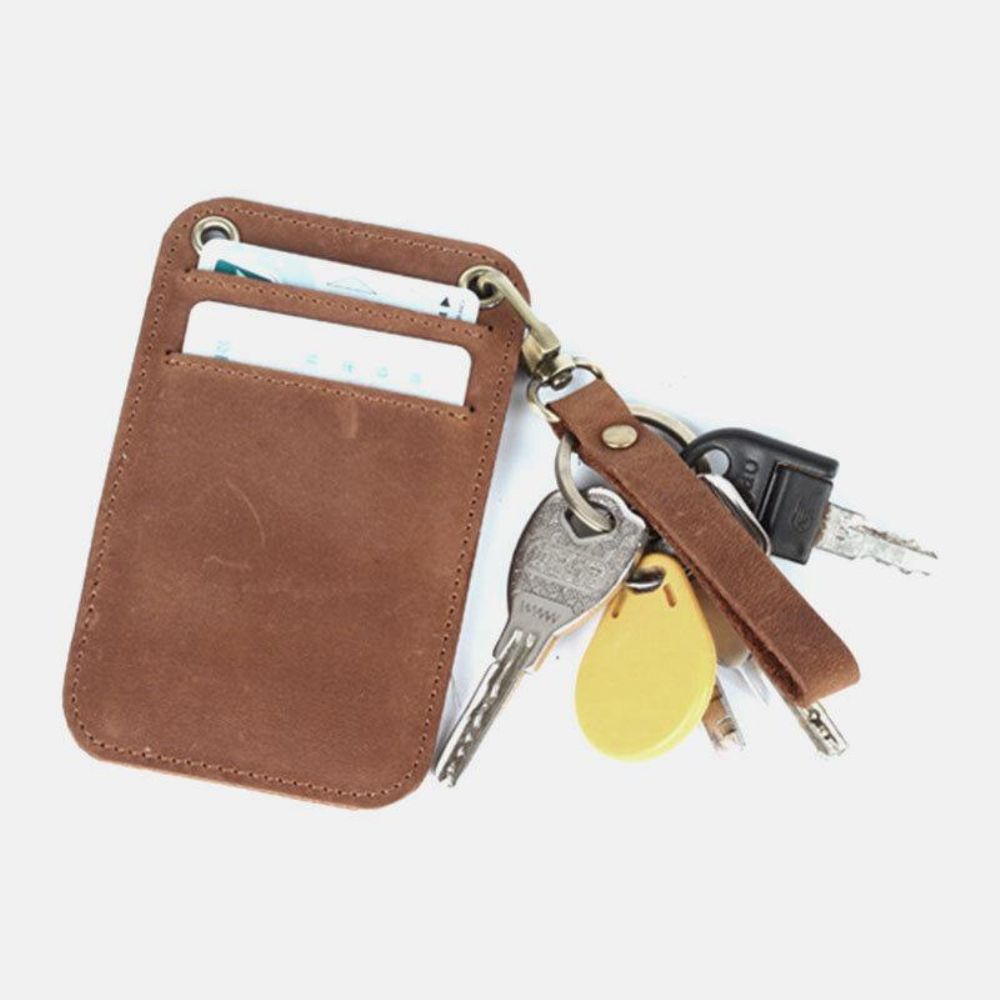 Mannen Echt Leer Retro Mini Licentiekaart Portemonnee Card Case Met Sleutelhanger Ring