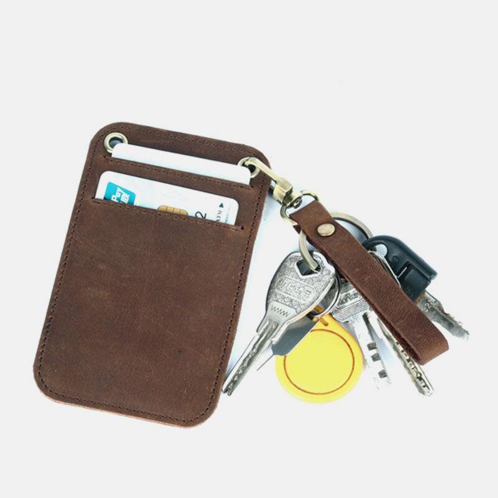 Mannen Echt Leer Retro Mini Licentiekaart Portemonnee Card Case Met Sleutelhanger Ring