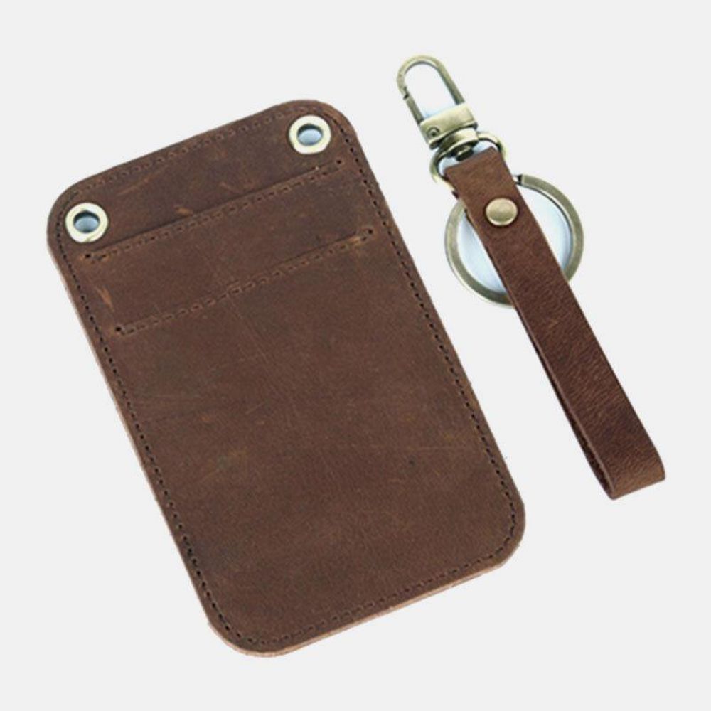 Mannen Echt Leer Retro Mini Licentiekaart Portemonnee Card Case Met Sleutelhanger Ring