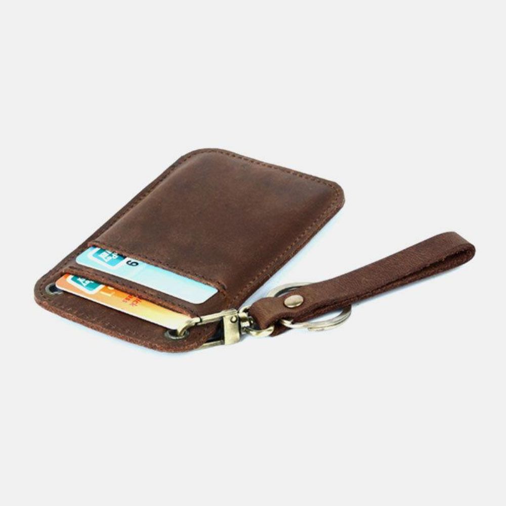 Mannen Echt Leer Retro Mini Licentiekaart Portemonnee Card Case Met Sleutelhanger Ring