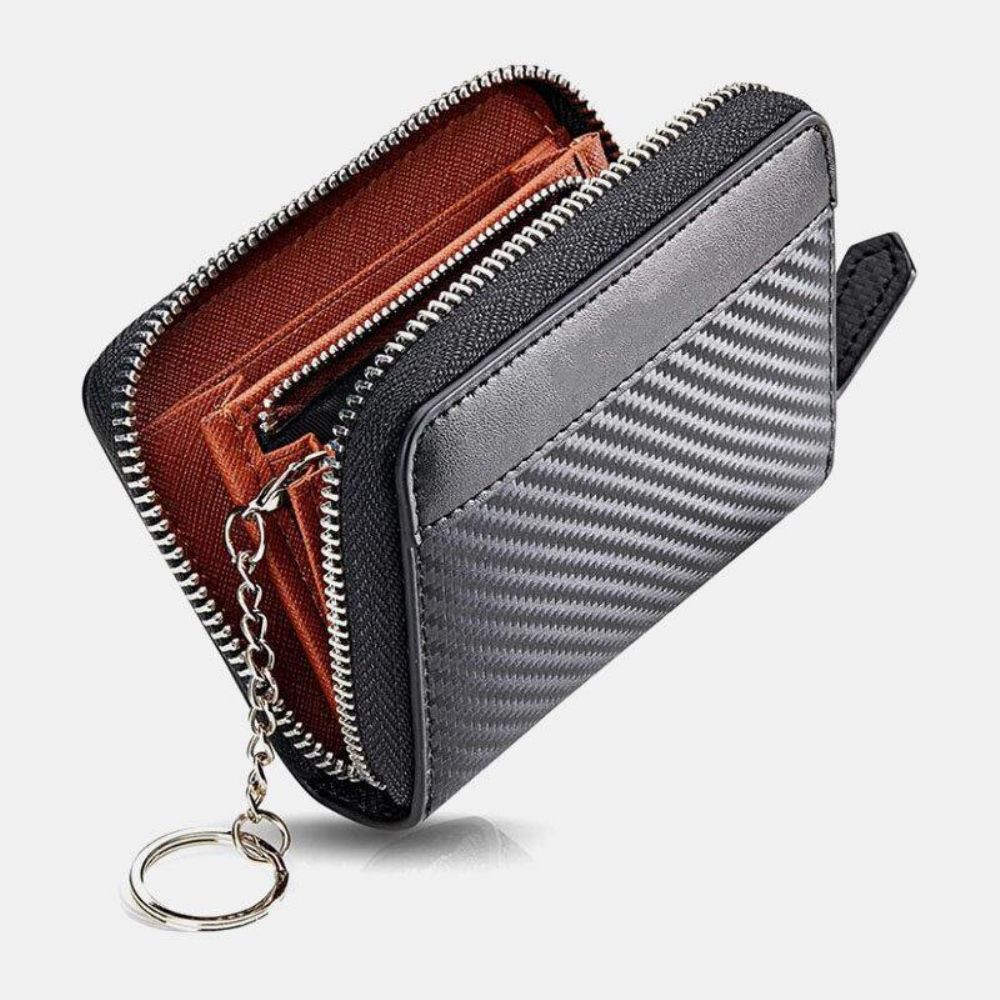 Unisex Microfiber Koolstofvezel Patchwork Portemonnee Card Case Portemonnee Met Sleutelhanger