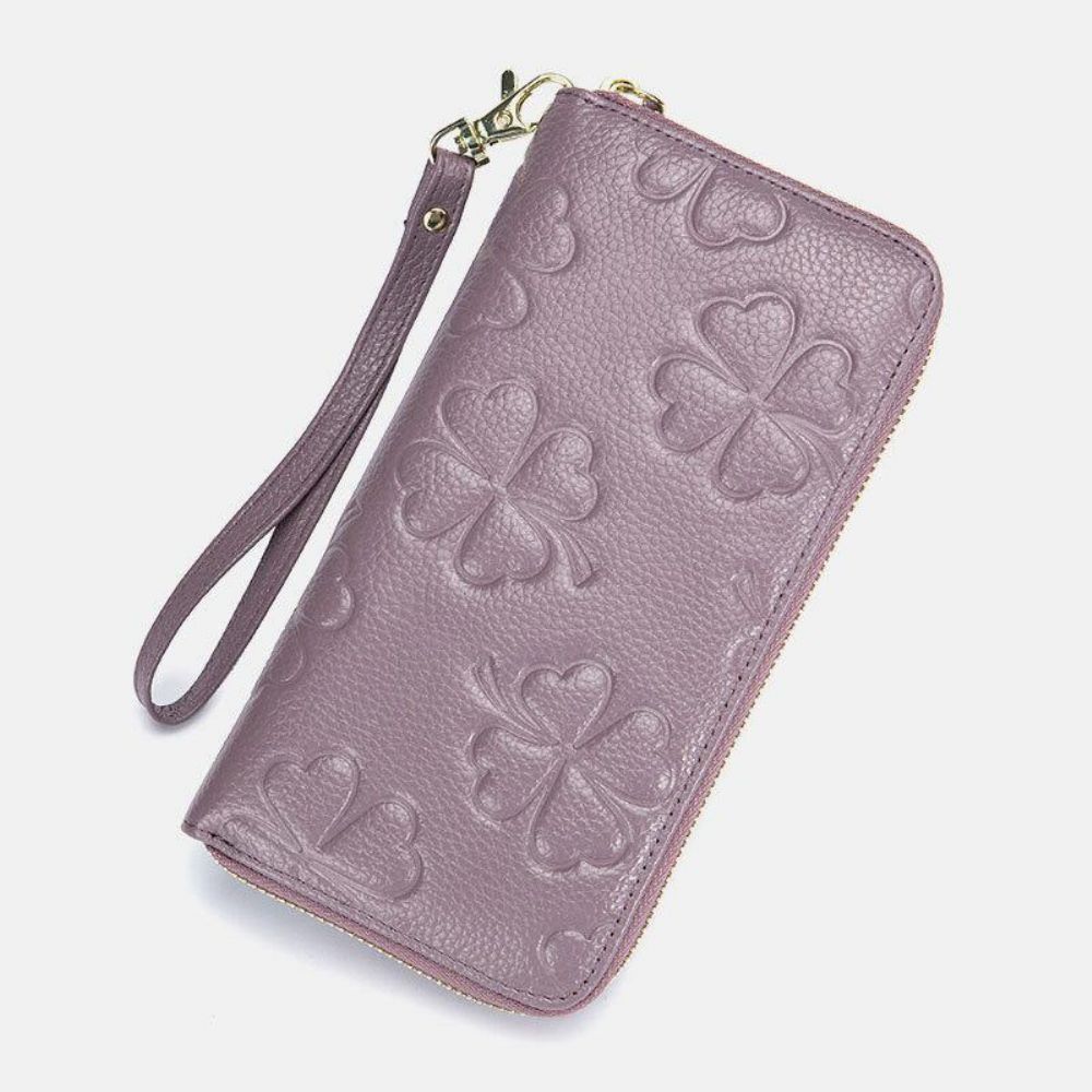 Vrouwen Echt Leer Rfid Klaver Patroon Grote Capaciteit Multi Card Slot Clutch Purse Kaarthouder Portemonnee