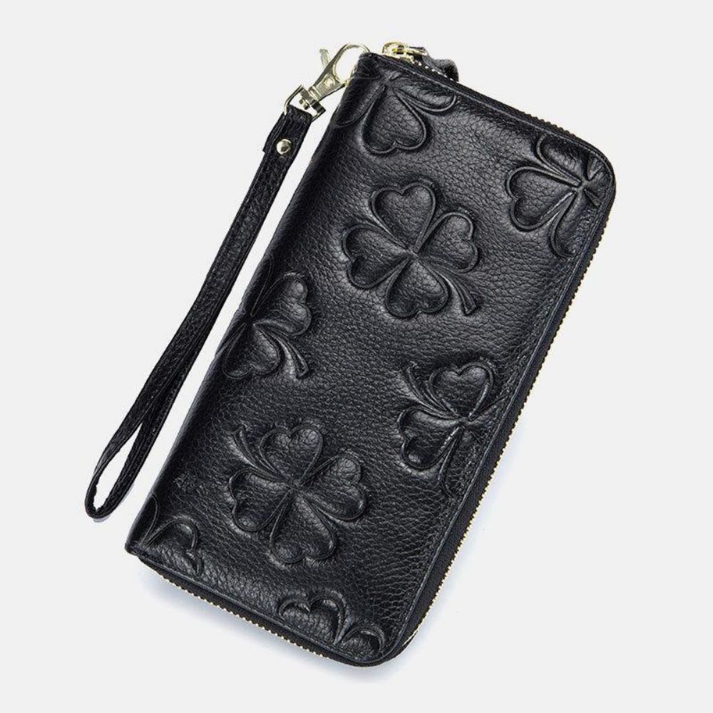 Vrouwen Echt Leer Rfid Klaver Patroon Grote Capaciteit Multi Card Slot Clutch Purse Kaarthouder Portemonnee