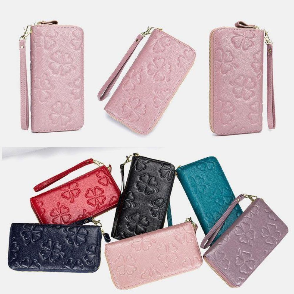 Vrouwen Echt Leer Rfid Klaver Patroon Grote Capaciteit Multi Card Slot Clutch Purse Kaarthouder Portemonnee