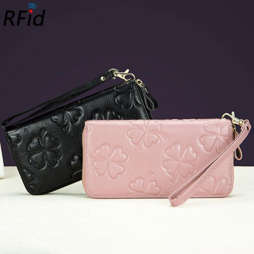 Vrouwen Echt Leer Rfid Klaver Patroon Grote Capaciteit Multi Card Slot Clutch Purse Kaarthouder Portemonnee