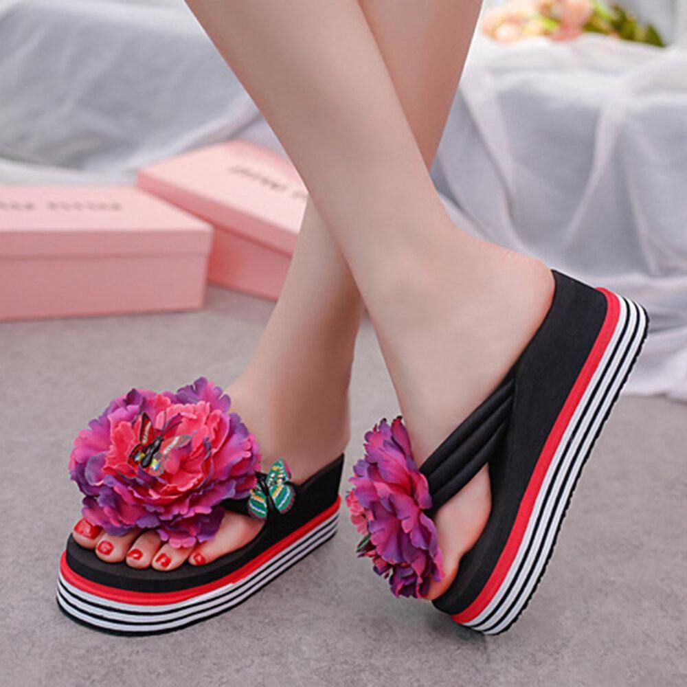 Dames Bloemen Vlinder Decor Clip Toe Strand Platform Slippers