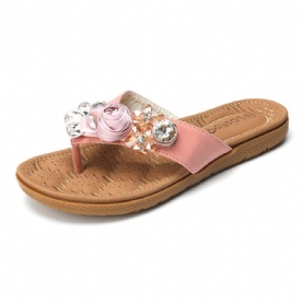 Dames Strand Bloemen Strass Clip Toe Slippers