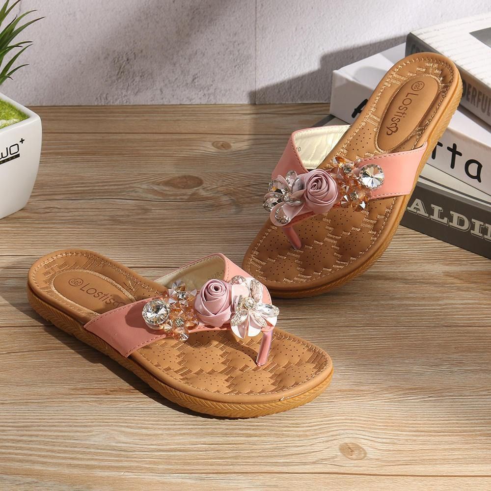 Dames Strand Bloemen Strass Clip Toe Slippers