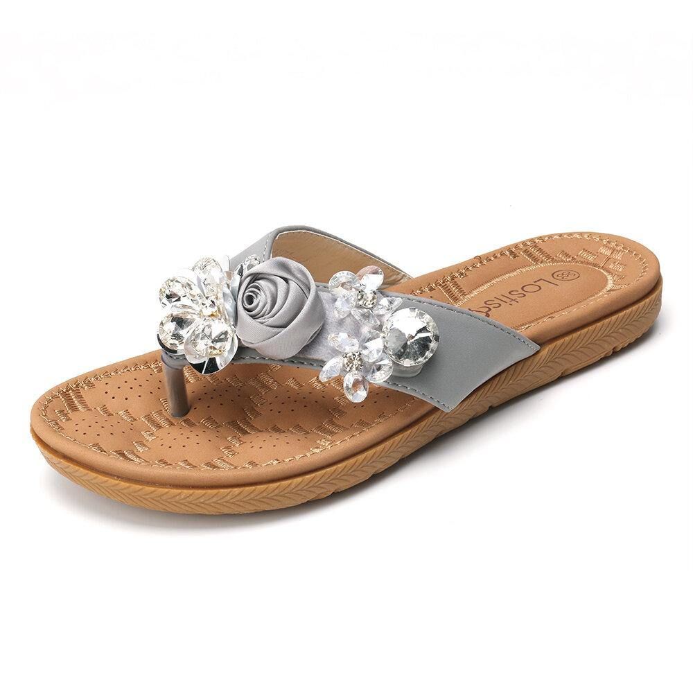 Dames Strand Bloemen Strass Clip Toe Slippers