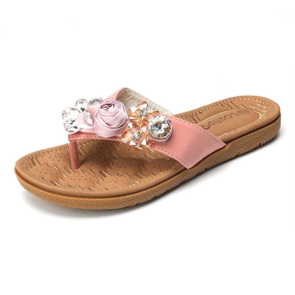 Dames Strand Bloemen Strass Clip Toe Slippers