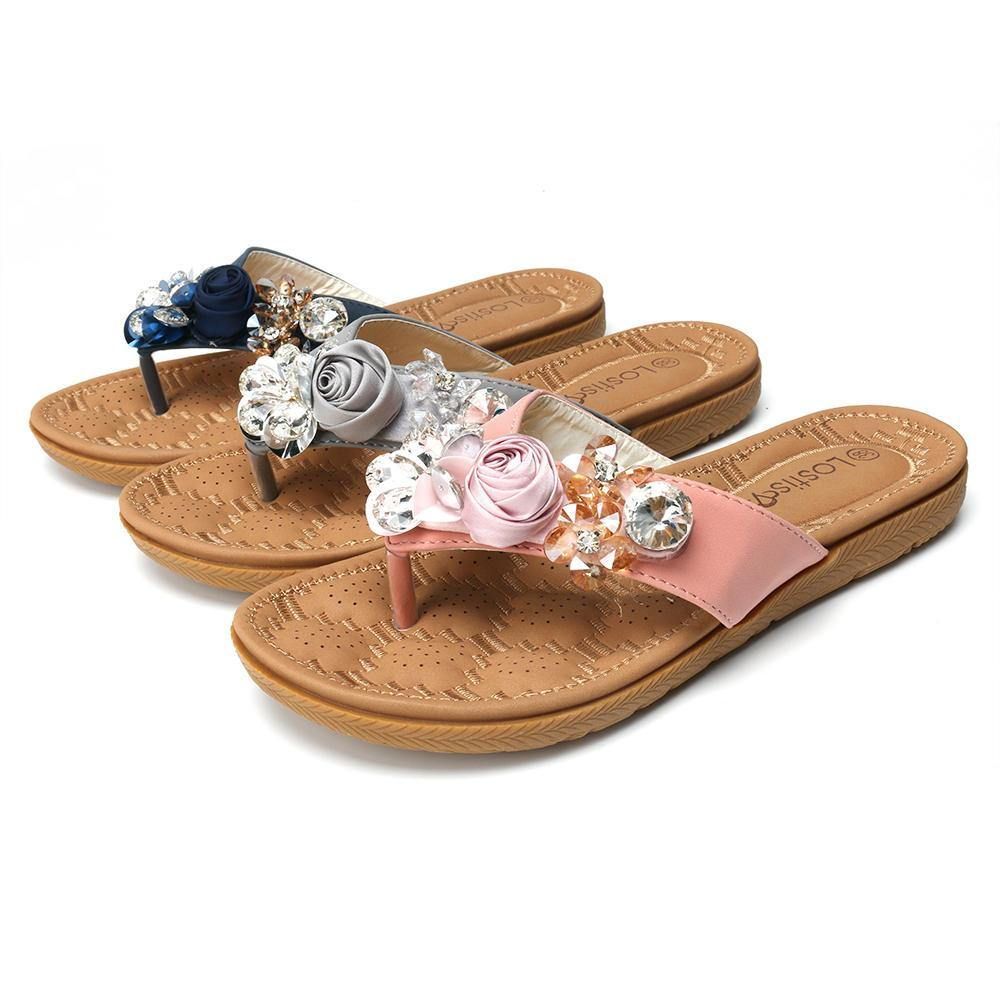 Dames Strand Bloemen Strass Clip Toe Slippers