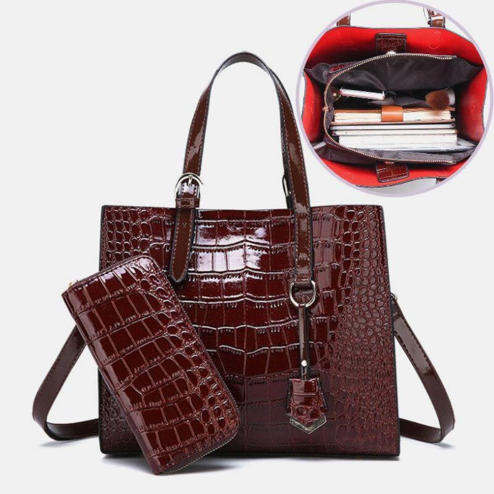 Dames 2Pcs Alligator Pu Multi-Pocket Handtas Met Grote Capaciteit Crossbody Tas Tote