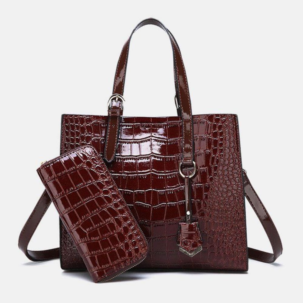 Dames 2Pcs Alligator Pu Multi-Pocket Handtas Met Grote Capaciteit Crossbody Tas Tote