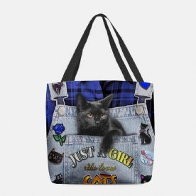 Dames Canvas Driedimensionale 3D Schattige Zwarte Kat Handtas Tote Schoudertas