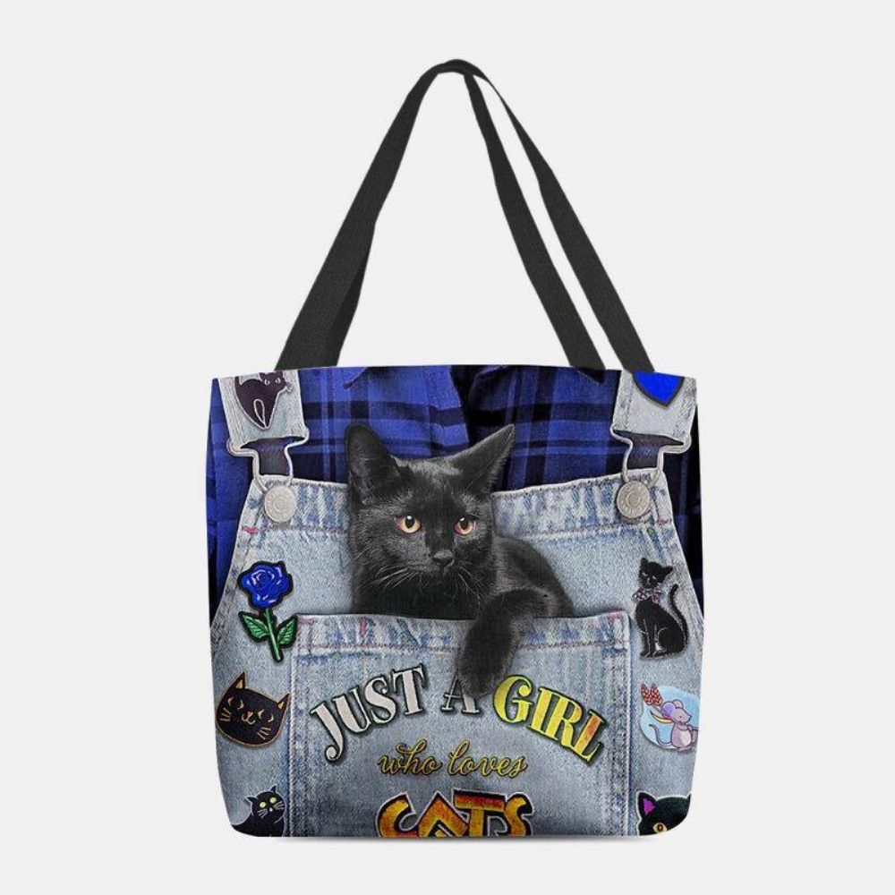 Dames Canvas Driedimensionale 3D Schattige Zwarte Kat Handtas Tote Schoudertas