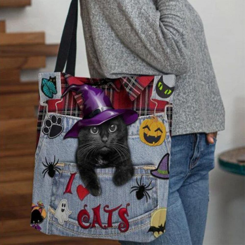 Dames Canvas Magische Hoed Driedimensionale 3D Leuke Zwarte Kat Handtas Tote Schoudertas