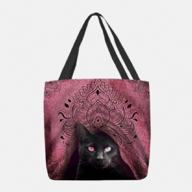 Dames Canvas Schattige Zwarte Kat Patroon Handtas Tote Schoudertas